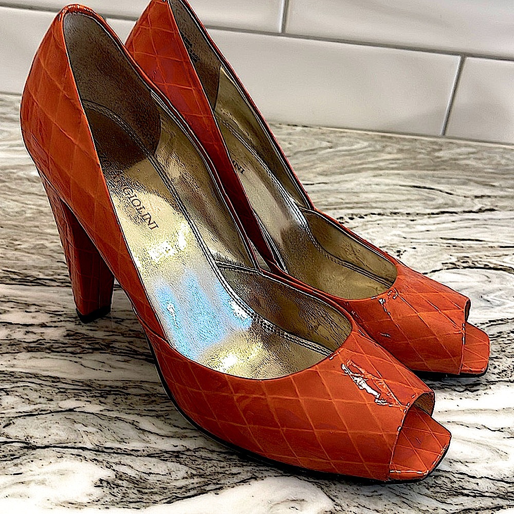 ENZO ANGIOLINI Open Toe Patin Leather Pump/Diamond Pattern/Tangerine